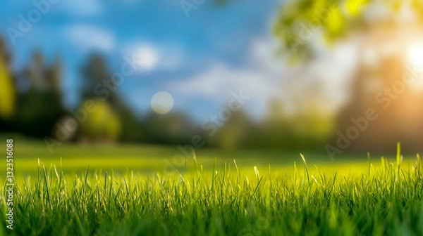 Fototapeta World Environment Day Concept: Green Grass and Blue Sky Abstract Background with Bokeh – Nature, Ecology, and Sustainability Theme