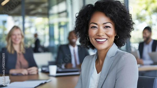 Fototapeta Happy Confident Female, Multiracial, Asian Businesswoman, Corporate Leader Posing in Meeting Room with Team Working at Desks, Looking at Camera, Smiling.