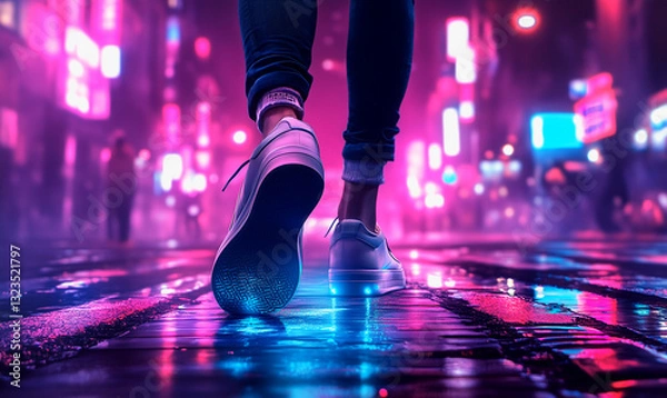 Fototapeta Young man walking down the street at night wearing sneakers, low angle view, generated ai