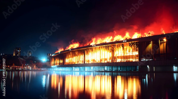 Fototapeta A large modern building ablaze reflected in still water at night