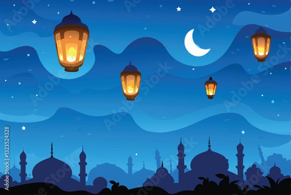 Obraz Create an elegant vector illustration of a glowing lantern illuminating a detailed night sky filled with stars and constellations.