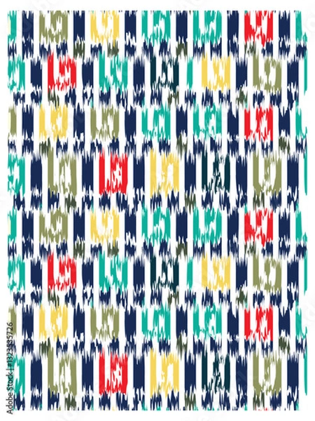 Fototapeta Abstract pattern with jagged, colorful stripes in red, yellow, green, and blue on a white background.