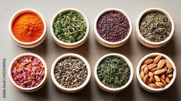 Obraz The medicinal spices lined up on small plates. top view.