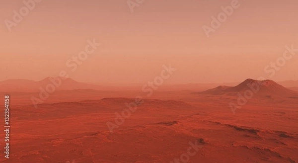 Obraz Sandstorm on red planet background. Mars surface panorama. Space exploration, future colonization mission. International Day of Human Space Flight, World Space Week. Minimalist banner, copy space. 