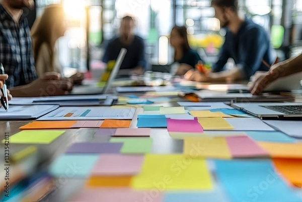 Fototapeta People in creative meeting, brainstorming and teamwork in project management at business agency. Communication, collaboration and group strategy, men and women talk about design process at