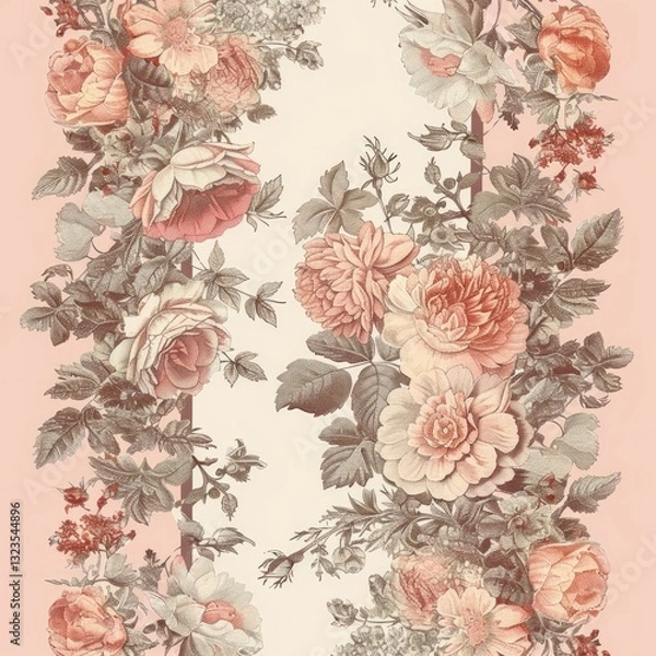 Fototapeta The pattern features a border of delicate floral illustrations on either side of the design, leaving the center blank for possible text or imagery.