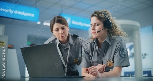 Fototapeta Airport Security Checkpoint: Female Security Officer Wearing Headset Talks, Uses Laptop with Colleague. Transportation Security Administration for Travel Safety. In Background, Airport Staff Working.