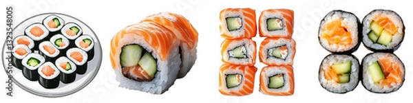 Fototapeta Set of a Sushi with salmon and cucumber, isolated on transparent background.
