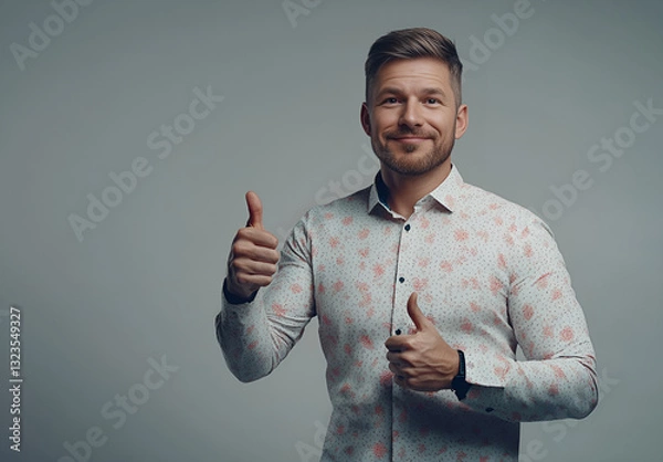 Obraz Uśmiechnięty mężczyzna pokazujący gest kciuka w górę na neutralnym tle, pozytywne nastawienie i pewność siebie