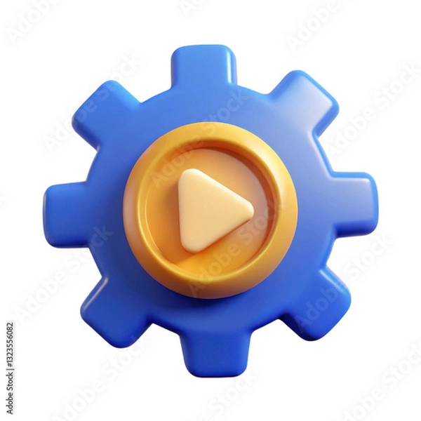 Fototapeta A colorful gear icon featuring a play button in the center, symbolizing functionality and action, illustration of 3d rendering.