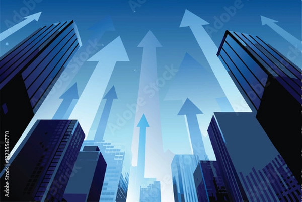 Obraz Illustrate a vibrant corporate finance theme featuring towering skyscrapers reaching upwards, symbolizing growth and ambition within a dynamic cityscape.