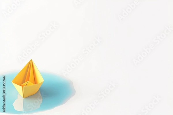 Obraz yellow paper boat floats in small blue puddle on white background