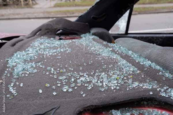 Fototapeta In this closeup image, we see shattered glass pieces completely scattered across a car seat, vividly illustrating the unsettling aftermath of a significant vehicle collision or breakin event