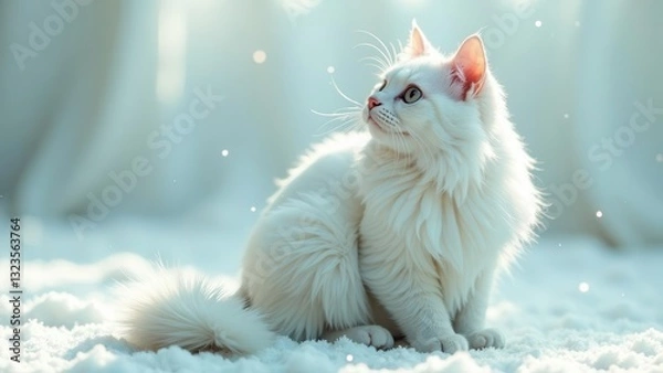 Fototapeta A fluffy white feline sits serenely in a soft, snow-covered landscape, bathed in the gentle glow of a winter's day, its gaze directed towards an unseen horizon.