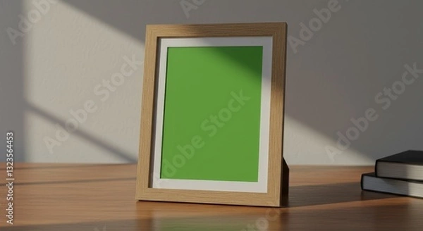 Fototapeta Photo frame with green screen on desk