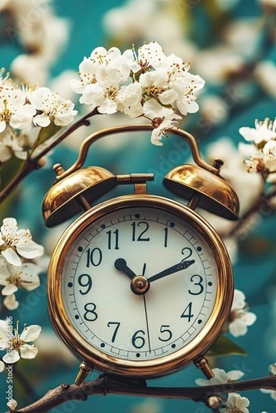 Fototapeta Vintage gold alarm clock among blooming white flowers on tree branch with soft natural light in spring