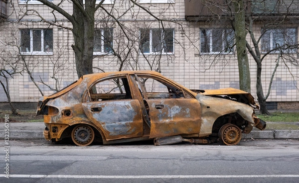 Fototapeta A detailed closeup view of an abandoned car, which is rustcovered and leaning against a cracked sidewalk, set beneath a backdrop of bare trees, powerfully showcasing urban decay and neglect