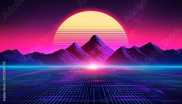 Obraz 80s synthwave styled landscape with mountains and sunset