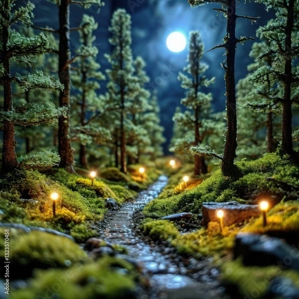 Obraz A tiny forest with glowing path and small trees surrounded by moss. Generated AI