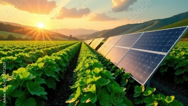 Fototapeta Serene Sunset over a Lush Green Field with Solar Panels Generating Clean Energy