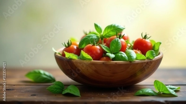 Fototapeta A rustic wooden bowl overflowing with vibrant red cherry tomatoes and fragrant green basil leaves, a delightful culinary still life capturing the essence of fresh, garden-grown produce.