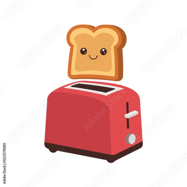 Fototapeta Cute Smiling Bread in Red Toaster Vector Illustration for Kids and Fun Design Projects