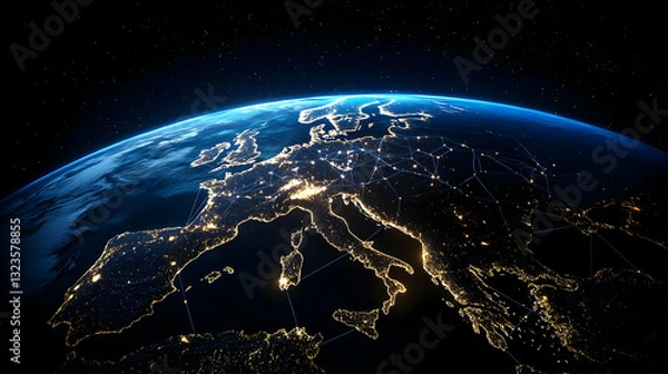 Fototapeta Illuminated Earth Globe Depicting European Continent In Deep Space At Night View Emphasizing Cities Lights Against Dark Background