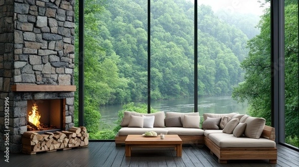 Fototapeta Cozy Retreat: Luxurious interior with a fireplace and a large window overlooking a tranquil landscape, creating a space for relaxation and connection with nature.