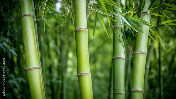 Fototapeta Close Up View of Lush Green Bamboo Stalks with Leafy Background in Nature
