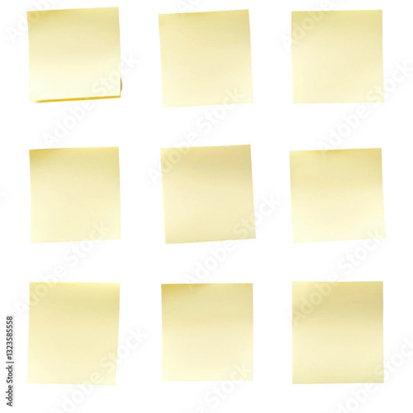 Fototapeta Sticky Note Collection: A grid arrangement of blank yellow sticky notes, perfect for capturing ideas, reminders, and important information.