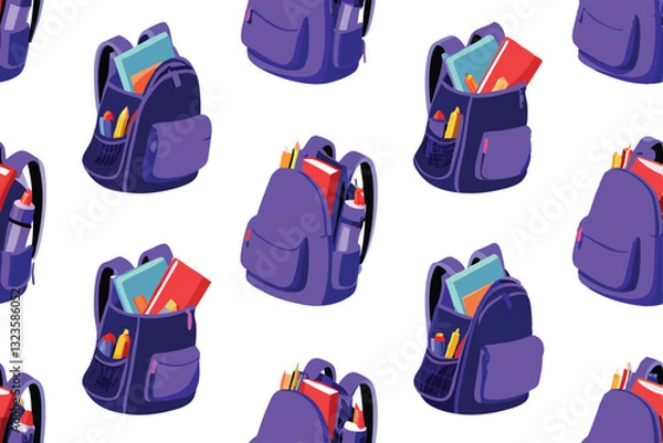 Obraz Create a seamless vector pattern featuring various styles of backpacks overflowing with colorful books.  Include diverse backpack designs and book sizes.