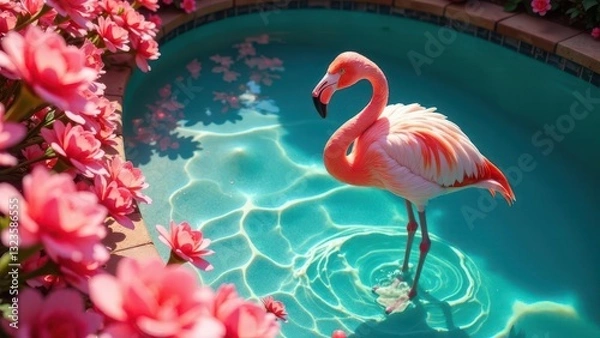 Fototapeta A vibrant pink flamingo wading gracefully in a refreshing turquoise pool, surrounded by a profusion of delicate pink blossoms, creating a serene and idyllic summer scene.