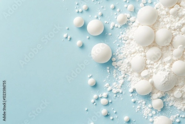 Fototapeta White Powder and Spheres on Blue Background Create a Minimalistic Composition for Microstock Use in Various Designs
