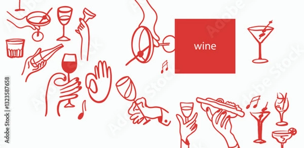 Fototapeta Isolated vector set of wine and alcoholic beverage glasses and tumblers. Hands. Hand drawn sketch.Red and black drawing on white background.Cocktails, martini, whiskey, cognac. Wine appetisers, cheese