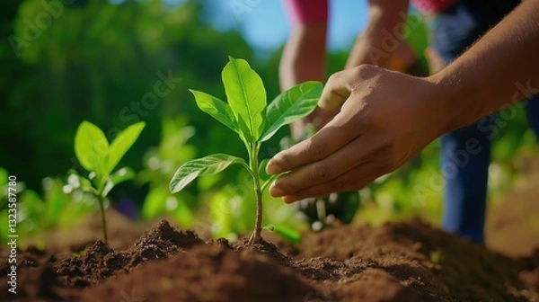 Fototapeta Volunteers Planting Trees in Deforested Area