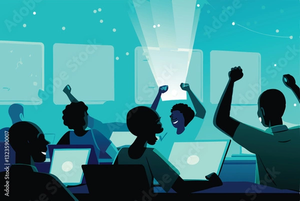 Obraz Create a vibrant vector illustration depicting a diverse group of people collaborating intensely at a bustling hackathon event, showcasing laptops, coding, and teamwork.