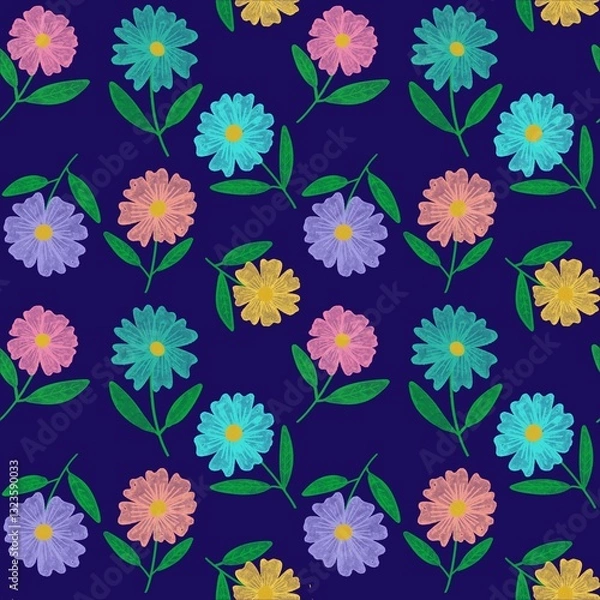 Fototapeta seamless pattern with flowers colorful on deep blue background 