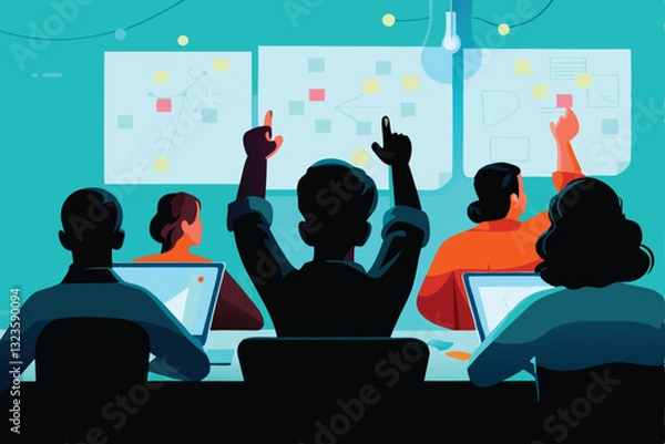 Obraz Create a vibrant vector illustration depicting a diverse group of people collaboratively coding at a bustling hackathon event. Show laptops, energy drinks, and a whiteboard.