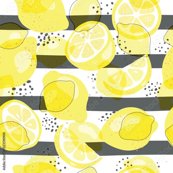 Obraz Fresh yellow fruits of lemon, lime, with green leaves and flowers. Seamless citrus texture on a white background. Whole lemon slice. Doodle Minimal Style. Black line. Vector illustration.