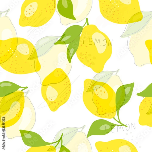 Fototapeta Fresh yellow fruits of lemon, lime, with green leaves and flowers. Seamless citrus texture on a white background. Whole lemon slice. Doodle Minimal Style. Black line. Vector illustration.
