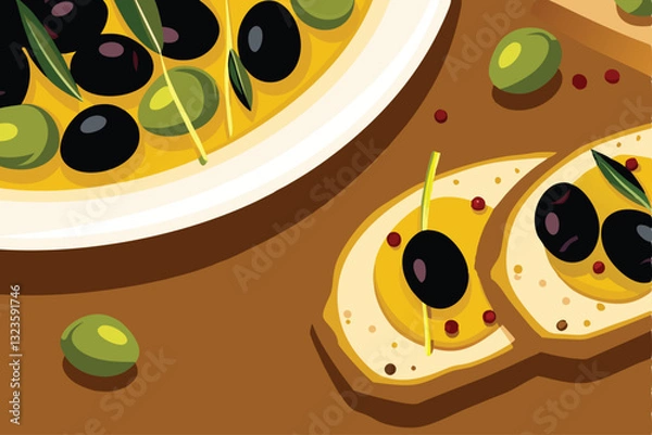 Fototapeta Vibrant Mediterranean still life sun-drenched olives, rustic pottery, and colorful textiles.  Capture the essence of a Greek or Italian summer.