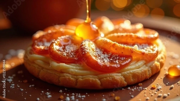 Fototapeta Golden Caramel Glaze Drizzled Over a Delicate Pastry Cream and Candied Fruit Tartlet