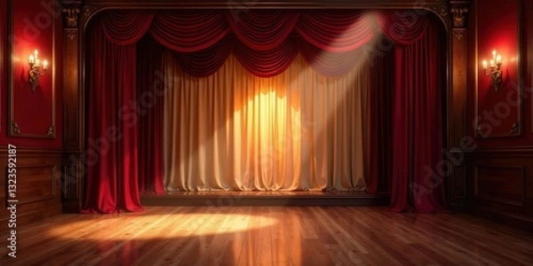 Fototapeta Illuminated Stage with Crimson and Gold Drapes in an Elegant Wooden Room