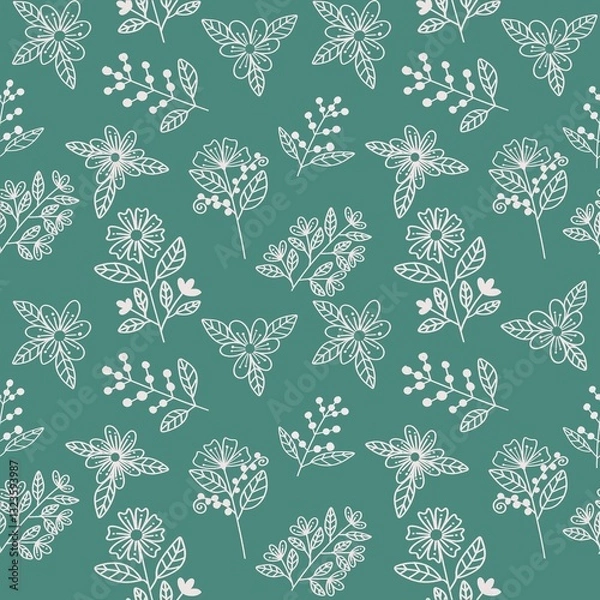 Fototapeta seamless pattern with flowers and leafs on green background 