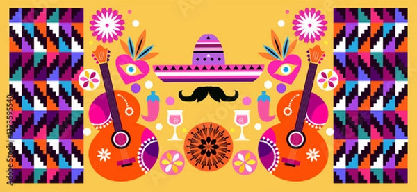 Fototapeta Happy Cinco de Mayo federal holiday in Mexico template art poster background Flower, cactus, guitar, sombrero, pepper Vector flat icon design icon illustration