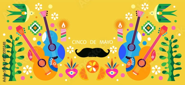 Fototapeta Happy Cinco de Mayo federal holiday in Mexico template art poster background Flower, cactus, guitar, sombrero, pepper Vector flat icon design icon illustration