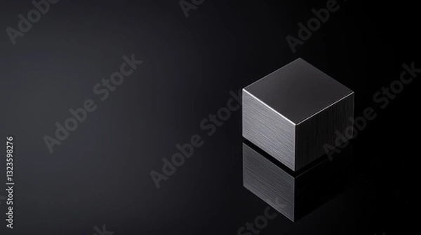 Fototapeta a realistic low-angle product photo, high end product, small 1 inch tungsten cube, metal cube, brushed metal surface, resting on slightly reflective black surface, black background. Subtle accent ligh