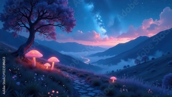 Fototapeta Serene Nighttime Landscape Featuring Glowing Mushrooms and a Winding Road Through Misty Mountains Under a Starry Sky