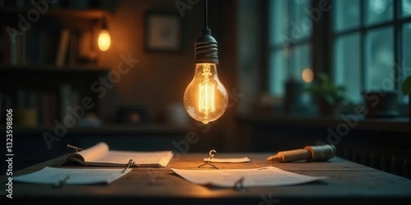 Fototapeta Illuminated Workspace A Single Filament Bulb Casts Warm Light on Papers and a Wooden Desk in a Cozy Study Setting
