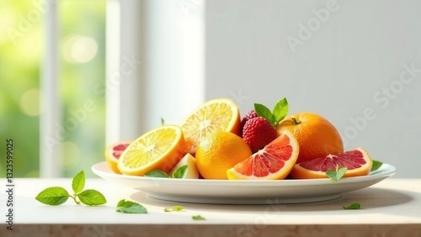 Fototapeta A refreshing plate of citrus fruits and berries, bathed in sunlight, rests on a table near a window.
